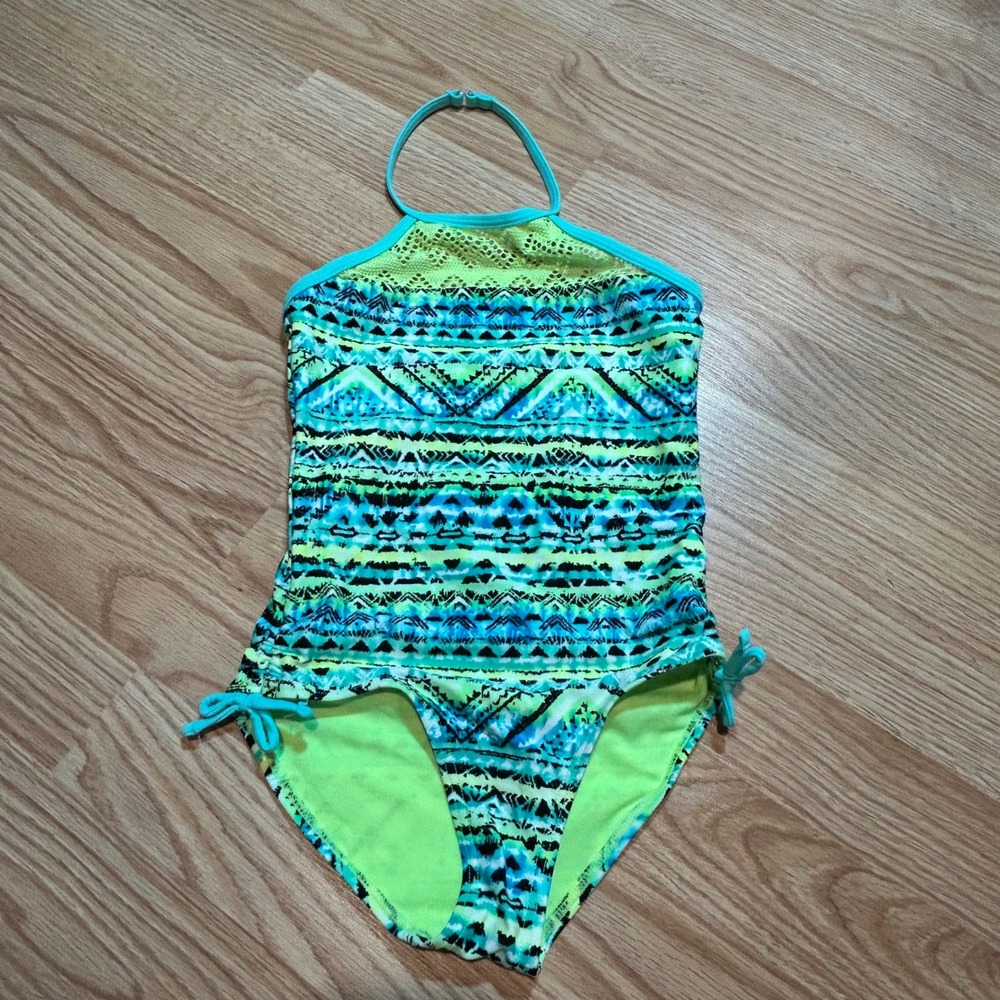 Angel Beach Girls Neon Green Blue Tribal Geometric Halter One Piece Swimsuit 8